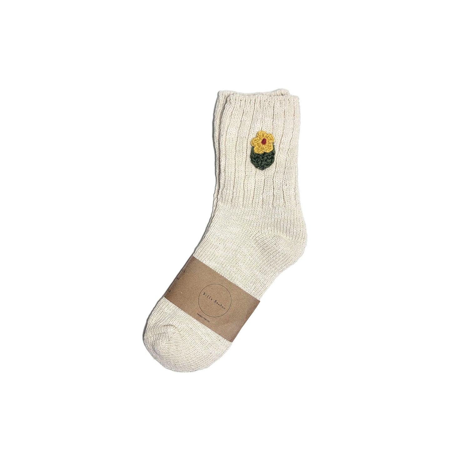 Crochet Flower Cotton Socks - Mustard